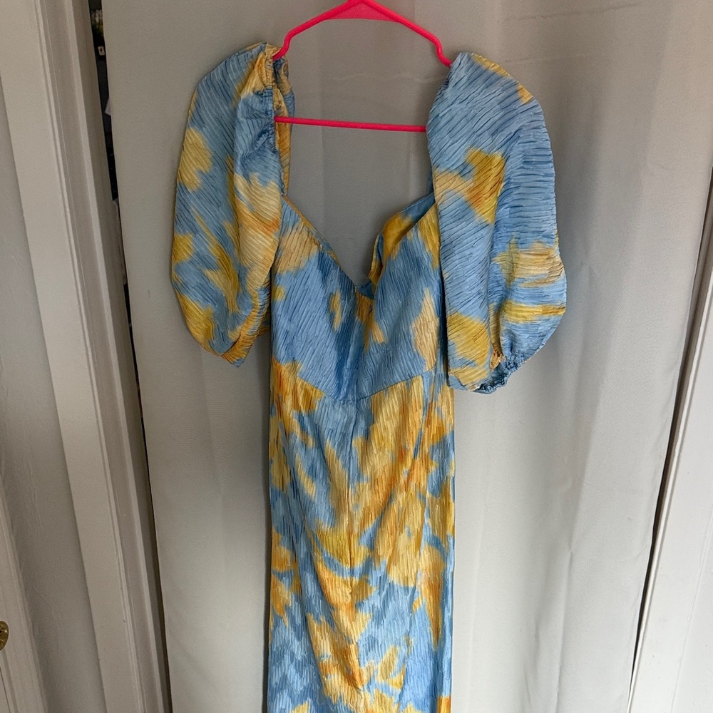 L'IDEE Pleated Off Shoulder Midi Dress Jardin Blue Size 12 - Picture 5 of 5